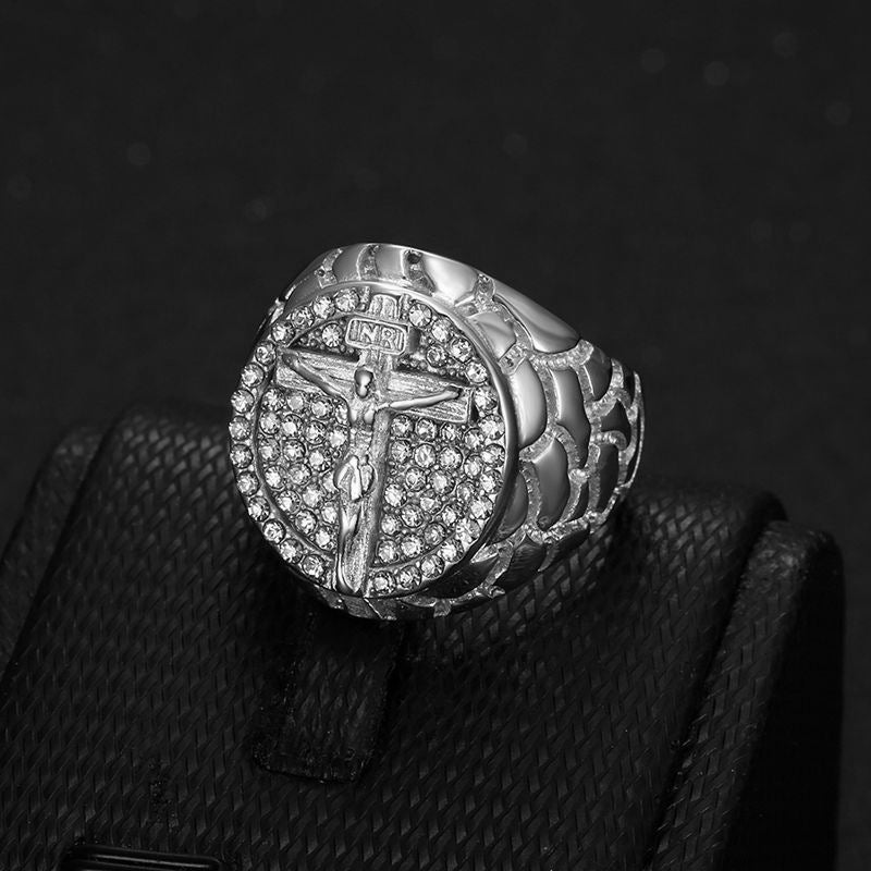 Gold Christ Ring with Diamond and Crucifix Amen Artisan