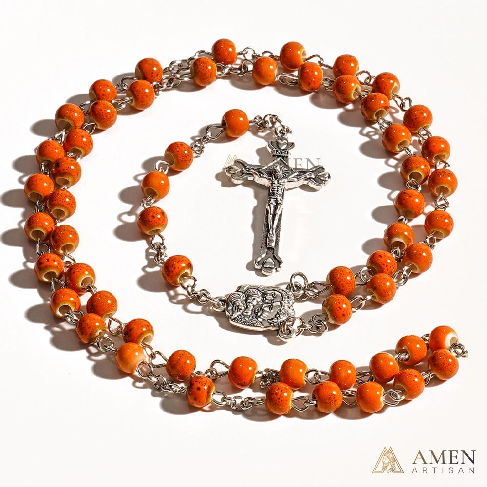 Orange Glazed Ceramic Rosary Amen Artisian