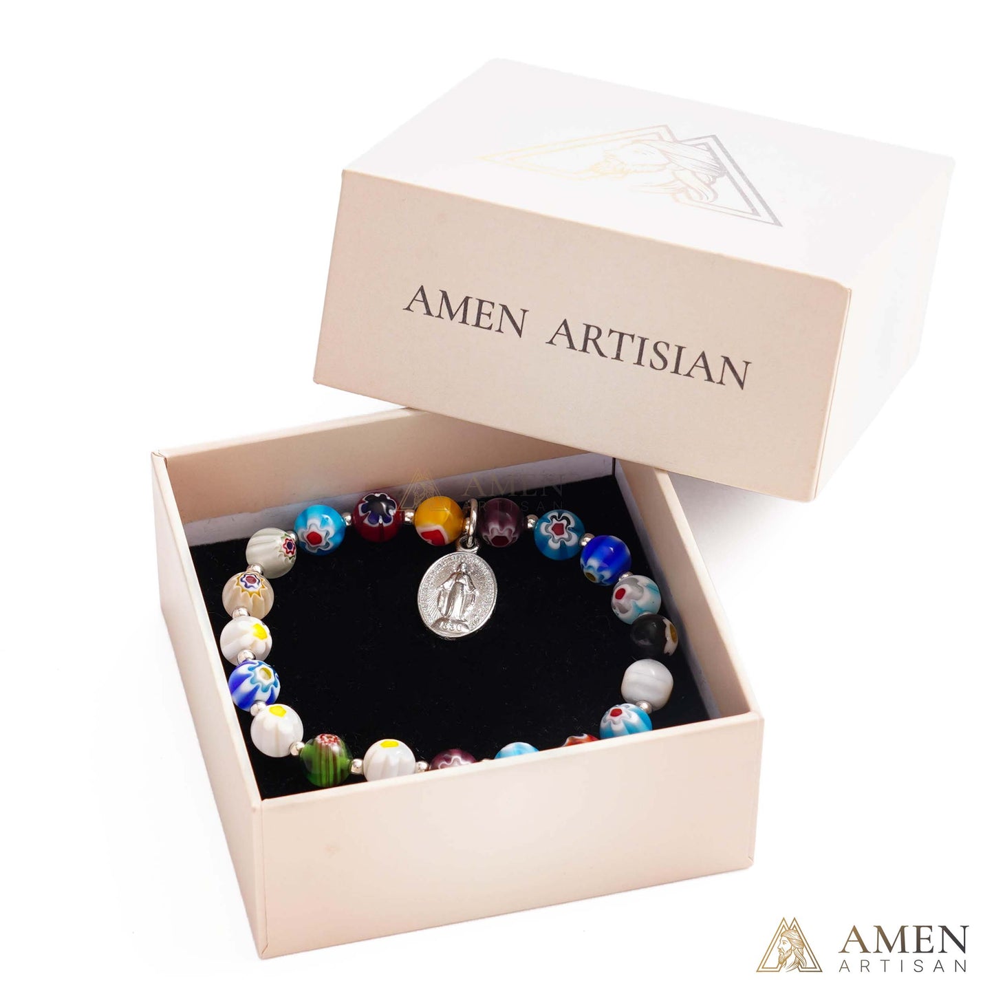 Colorful Catholic Bracelet with Patterned Glass Beads and Virgin Mary Medal