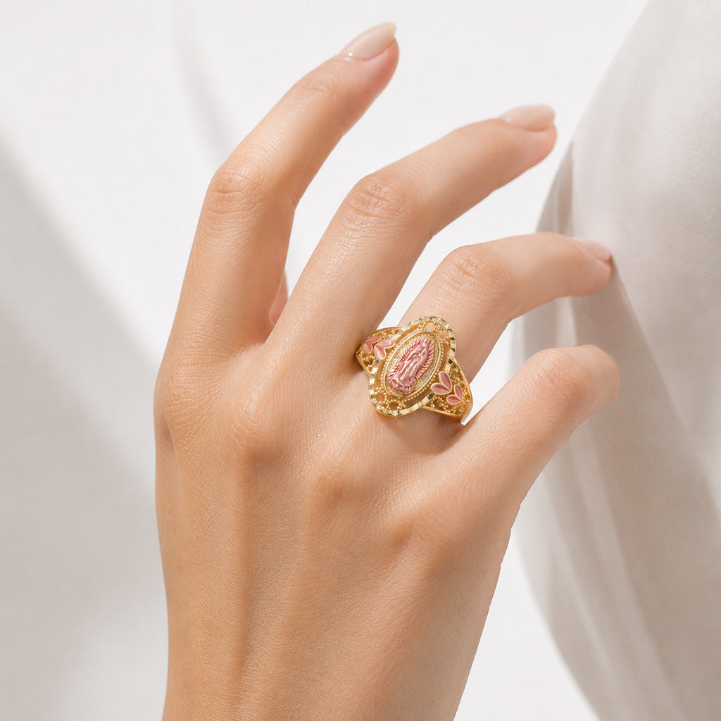 Our Lady Gold-Tone Ring with Pink Raised Detail