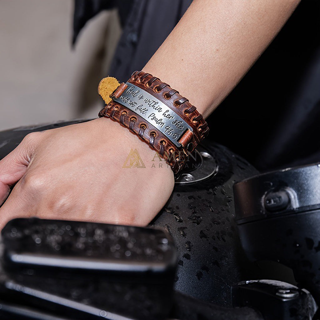 Handwoven Leather Bible Verse Bracelet - Strength, Faith & Protection | Amen Artisan