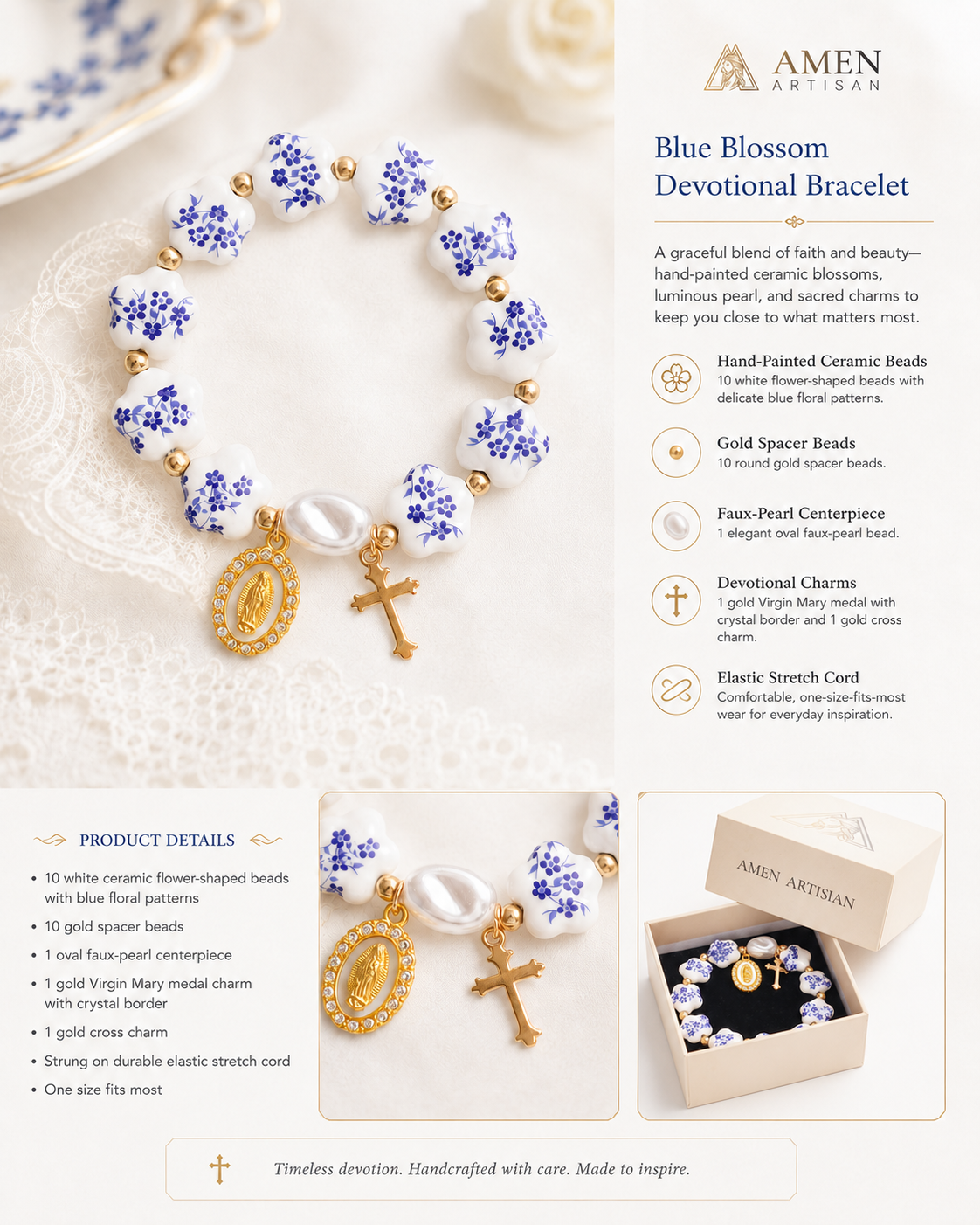【Deal Today】Blue Floral Ceramic Flower Bracelet with Virgin Mary Pendant - Faith & Peace | Amen Artisan