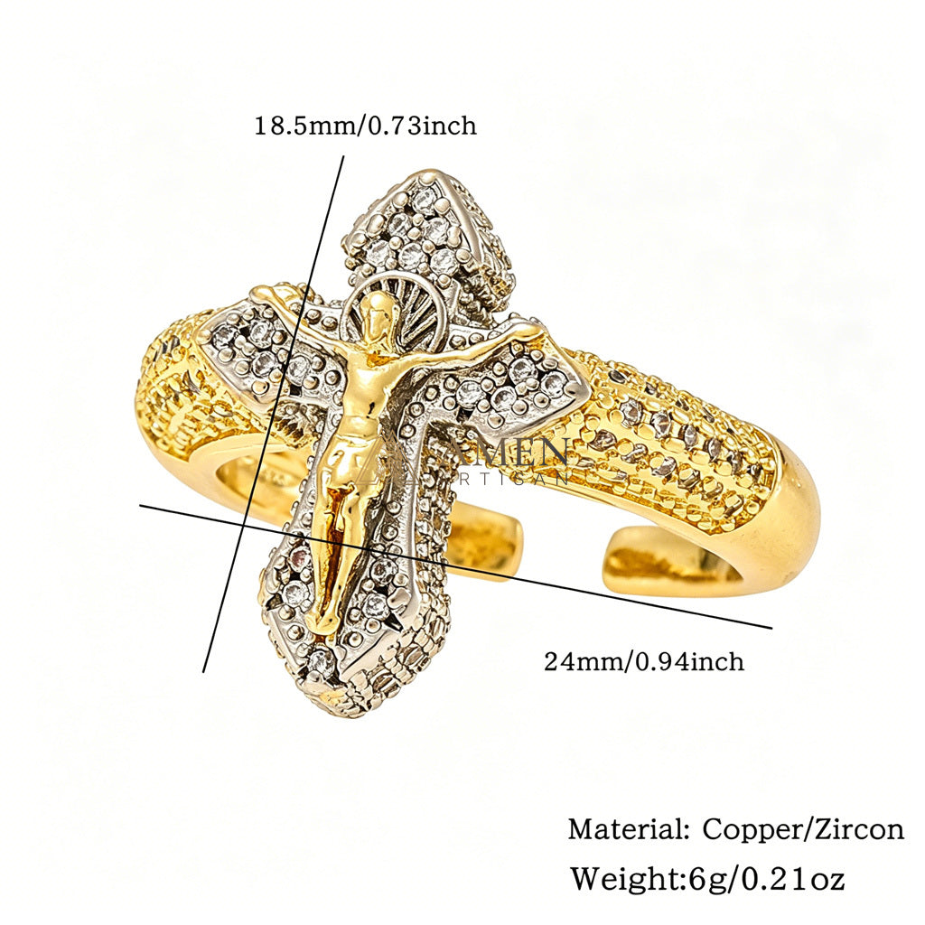 Cubic Zirconia Crucifix Open Ring in Brass - Faith, Hope & Protection | Amen Artisan