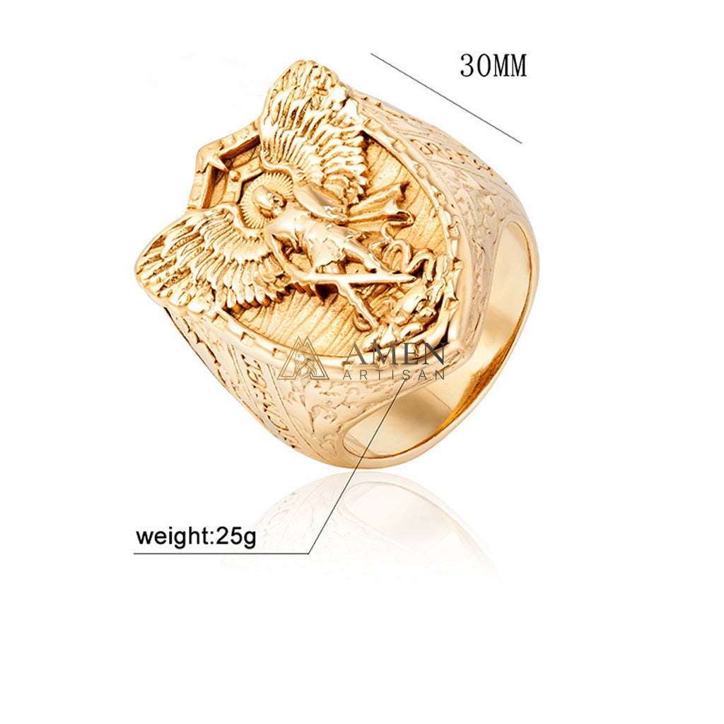 【DEAl TODAY】Shield Ring with Guardian Angel Relief - Protection, Courage & Faith | Amen Artisan