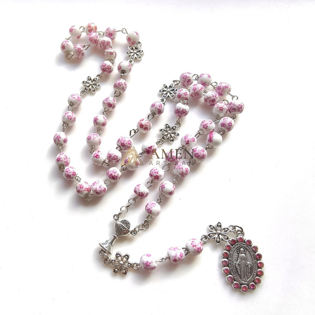 Floral Ceramic Our Lady Rosary Amen Artisan