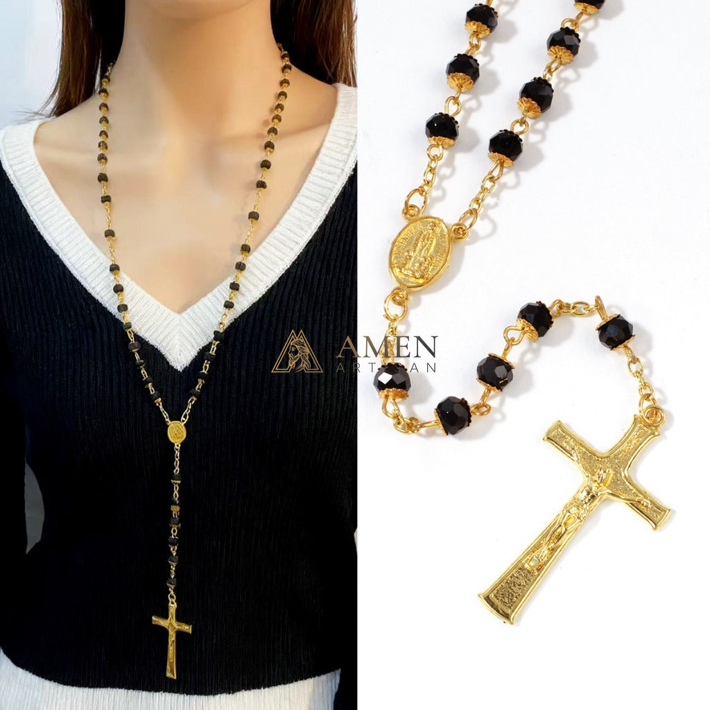 Black Glass Our Lady Crucifix Rosary Amen Artisan