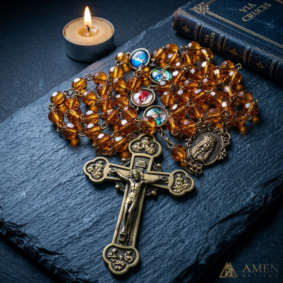 Divine Light Amber Rosary - Handcrafted Prayer Beads with Detailed San Damiano Style Cross