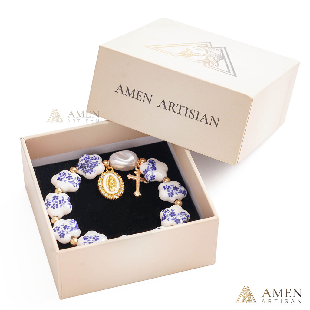 【Deal Today】Blue Floral Ceramic Flower Bracelet with Virgin Mary Pendant - Faith & Peace | Amen Artisan