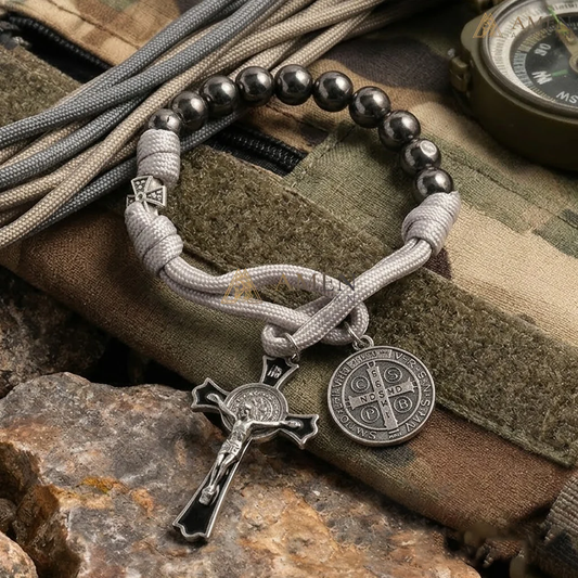 The "Cathedral Steel" St. Benedict multi-Decade Wrap Rosary by AMEN ARTISAN – Faceted Cobalt Finish with Smiling Jesus Crucifix
