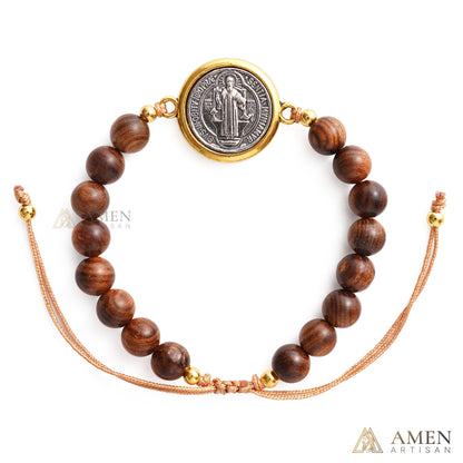 Wooden Beads Saint Benedict Medal Adjustable Bracelet Amen Artisan