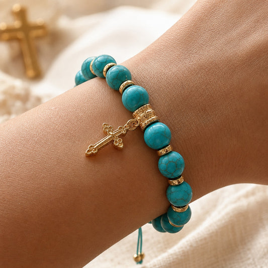 【DEAL TODAY】Adjustable Turquoise-Style Beaded Cross Bracelet