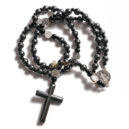 Black Obsidian St. Benedict Medal Prayer Beads Amen Artisan