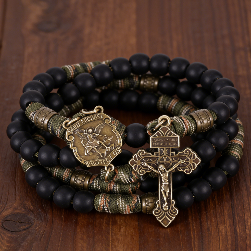 St. Michael Heavyweight Bronze Rosary: 48cm Hand-Braided Tactical Armor | Amen Artisan