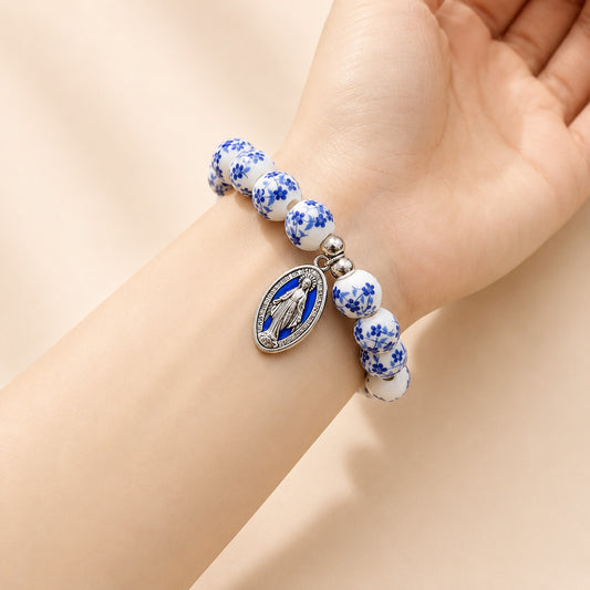 【Deal Today】Blue Floral Ceramic Bead Miraculous Medal Stretch Bracelet | Amen Artisan