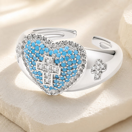 【DEAL TODAY】Blue Heart Cross Open Ring with Rhinestone Accents