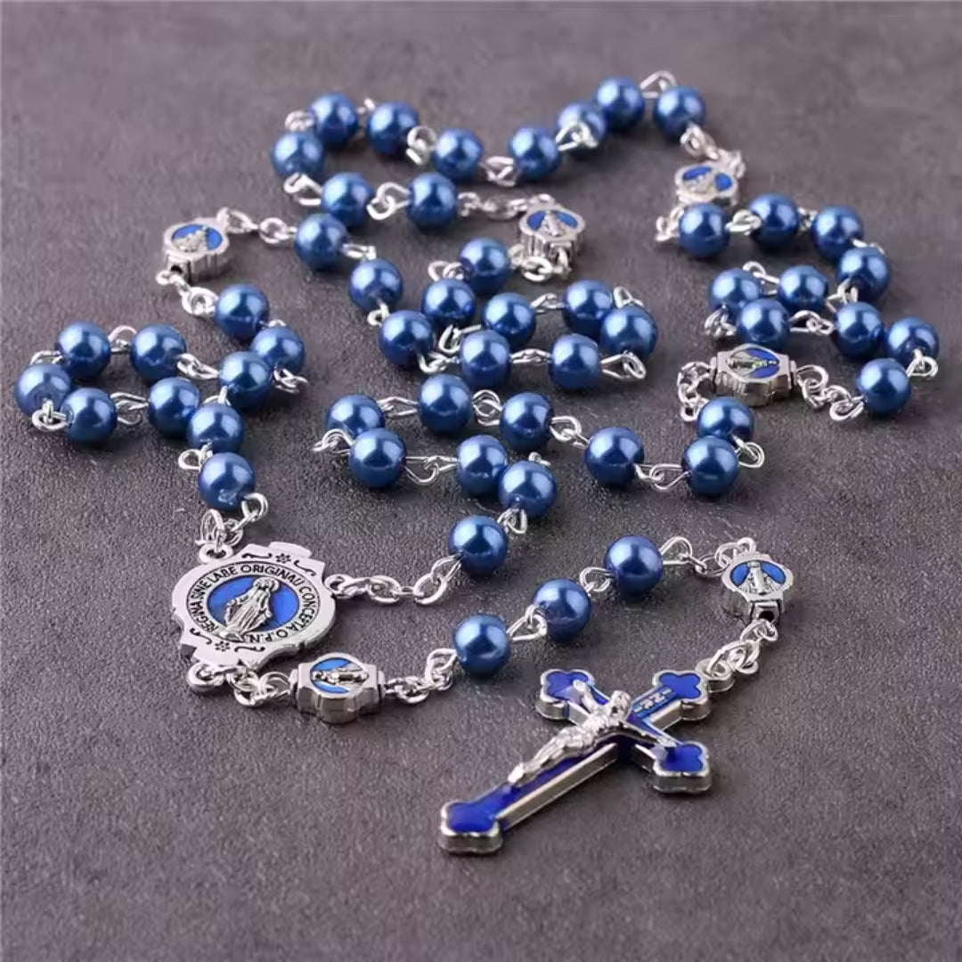 Deep Blue Pearl Beads Virgin Mary Rosary Amen Artisan