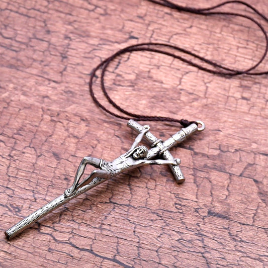 Crucifix Pendant with Weathered Cross & Sorrowful Christ Detailing