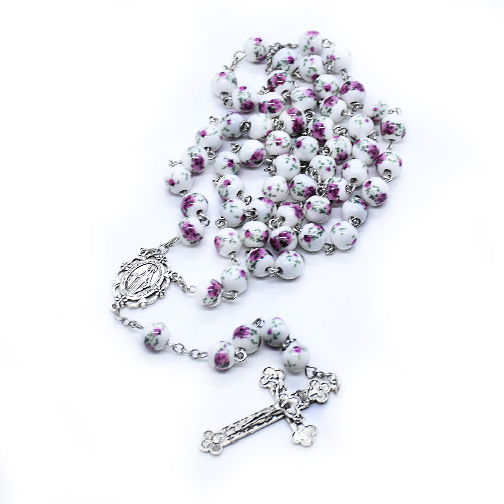 Ceramic Virgin Mary Cross Bead Rosary Necklace