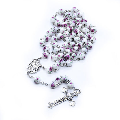 Ceramic Virgin Mary Cross Bead Rosary Necklace