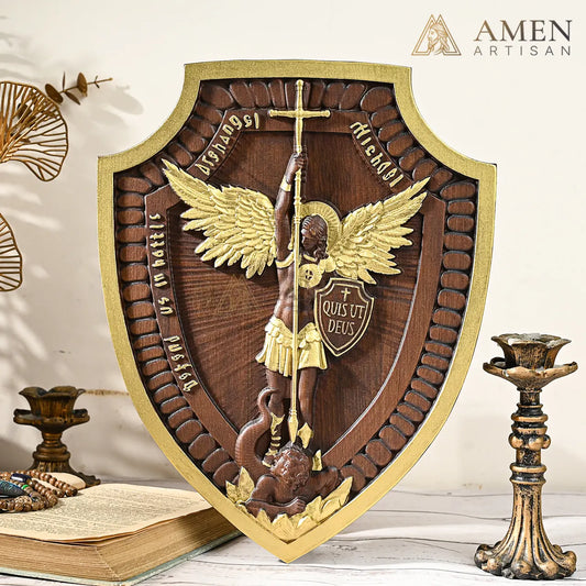 St Michael Wood Carving Amen Artisan