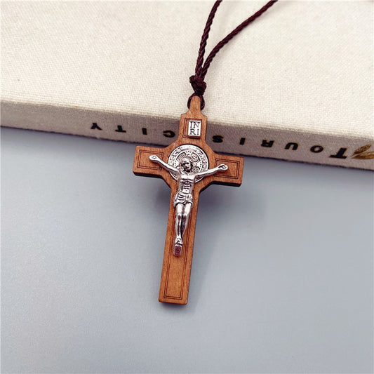 Wood Inlaid Metal Crucifix Cross Necklace Amen Artisan