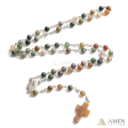 Indian Agate Holy Family Medal Rosary Amen Artisan