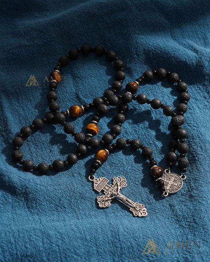 【Deal Today】Natural Lava Stone & Tiger’s Eye Prayer Beads with Vintage-Style Crucifix |  Amen Artisan