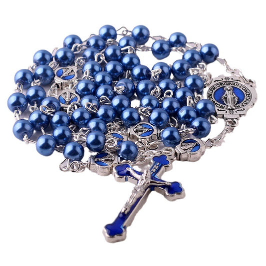 Deep Blue Pearl Beads Virgin Mary Rosary Amen Artisan