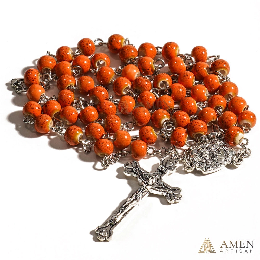 Orange Glazed Ceramic Rosary Amen Artisian