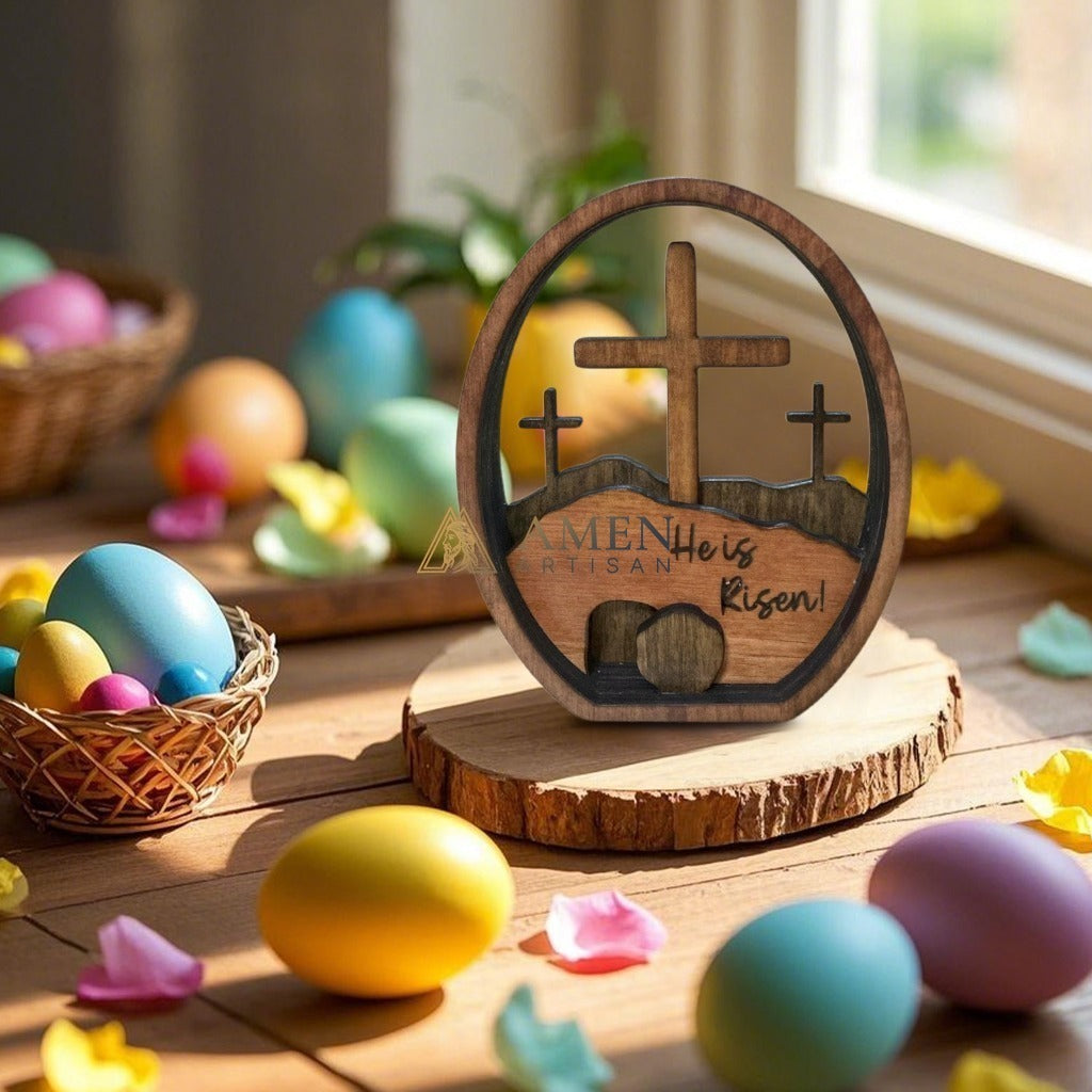 Calvary Oval Wood Resurrection Scene Plaque  Amen Artisan