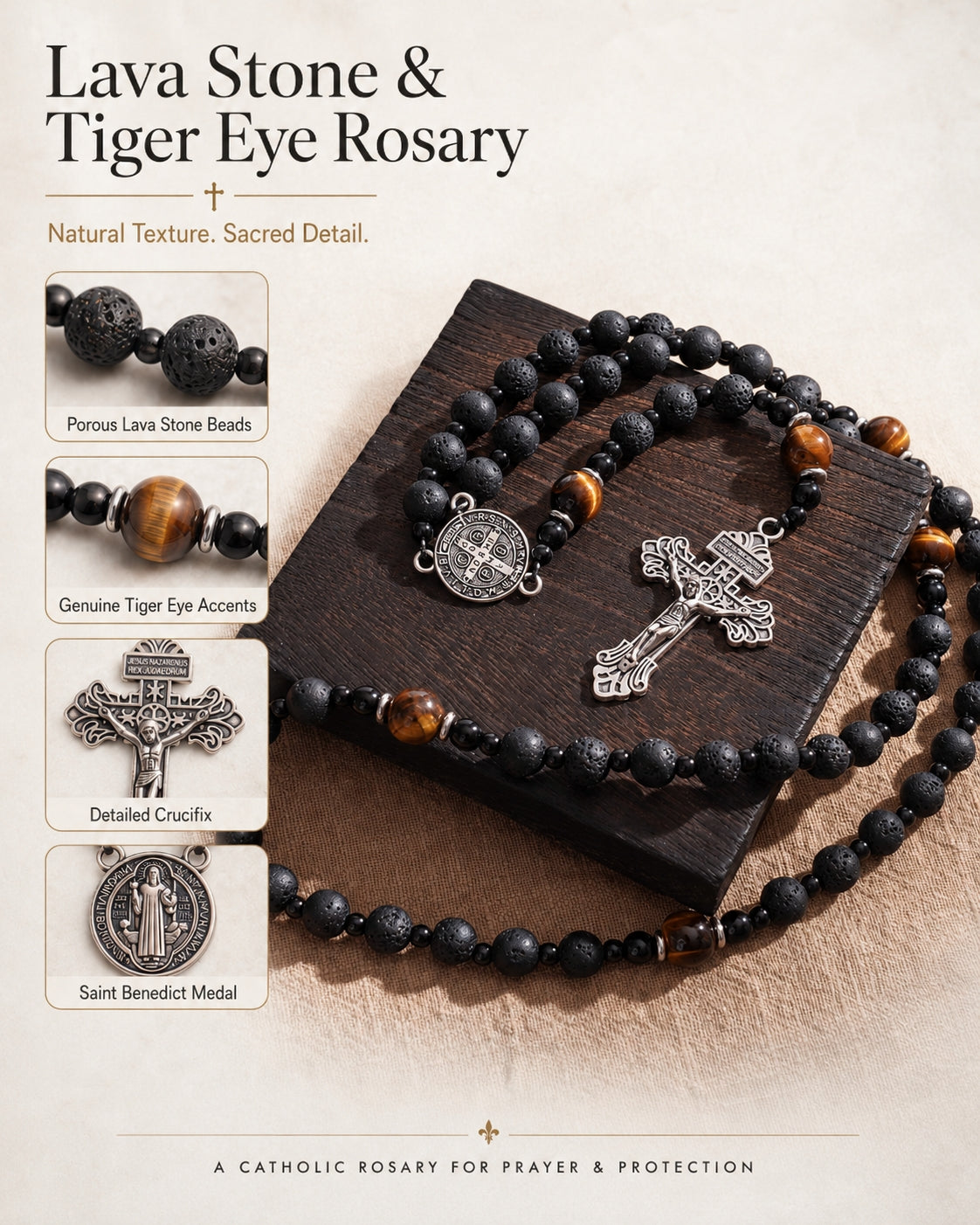 【Deal Today】Natural Lava Stone & Tiger’s Eye Prayer Beads with Vintage-Style Crucifix |  Amen Artisan