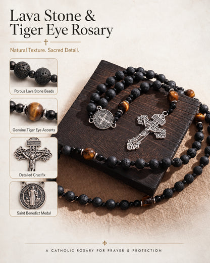 【Deal Today】Natural Lava Stone & Tiger’s Eye Prayer Beads with Vintage-Style Crucifix |  Amen Artisan