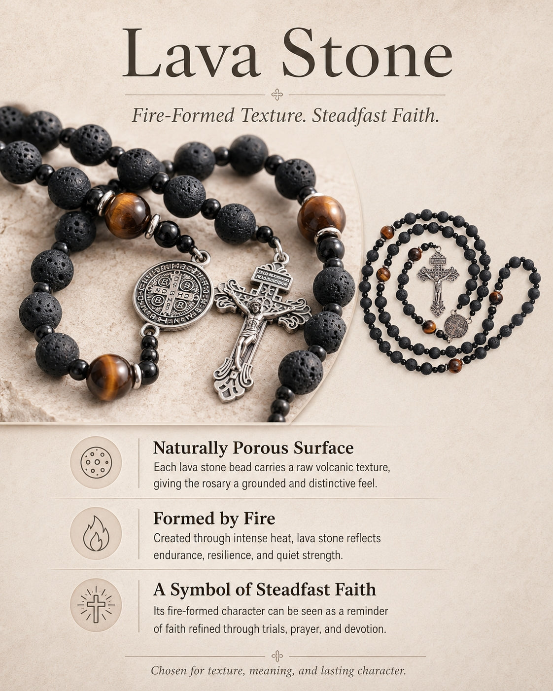 【Deal Today】Natural Lava Stone & Tiger’s Eye Prayer Beads with Vintage-Style Crucifix |  Amen Artisan
