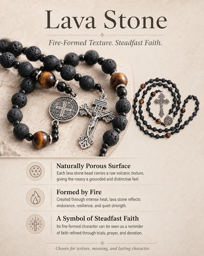 【Deal Today】Natural Lava Stone & Tiger’s Eye Prayer Beads with Vintage-Style Crucifix |  Amen Artisan