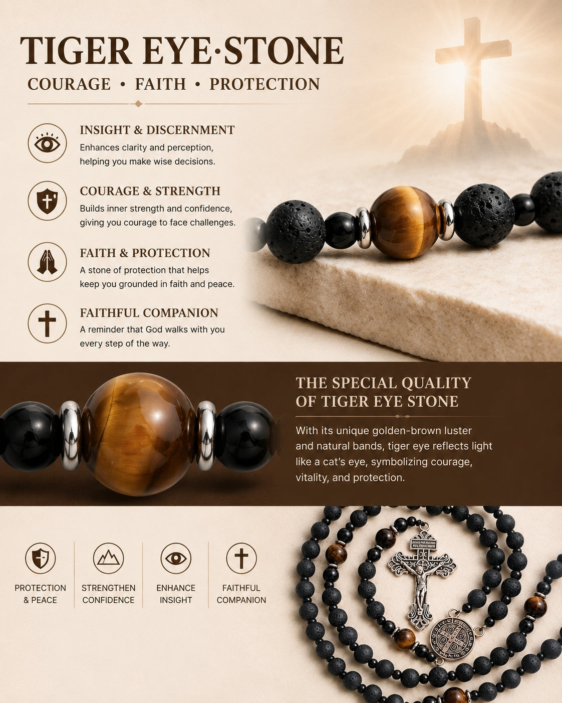 【Deal Today】Natural Lava Stone & Tiger’s Eye Prayer Beads with Vintage-Style Crucifix |  Amen Artisan