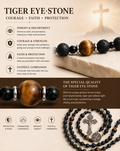 【Deal Today】Natural Lava Stone & Tiger’s Eye Prayer Beads with Vintage-Style Crucifix |  Amen Artisan