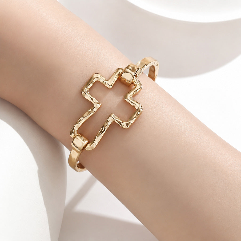 【DEAL TODAY】Textured Cross Cuff Bracelet with Cutout Design