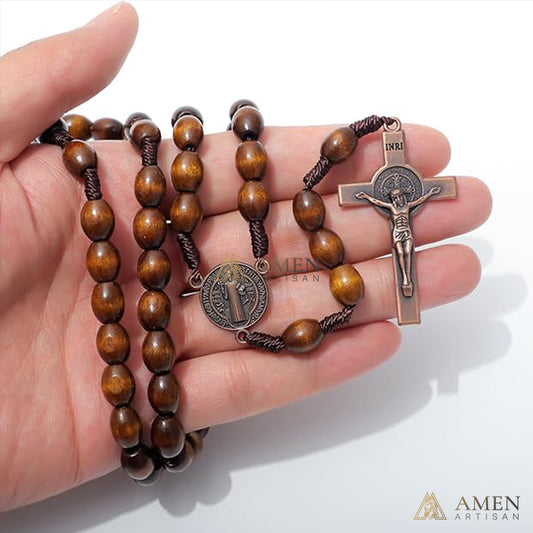 Oval Wooden Beads Saint Benedict Medal Crucifix Rosary Amen Artisan
