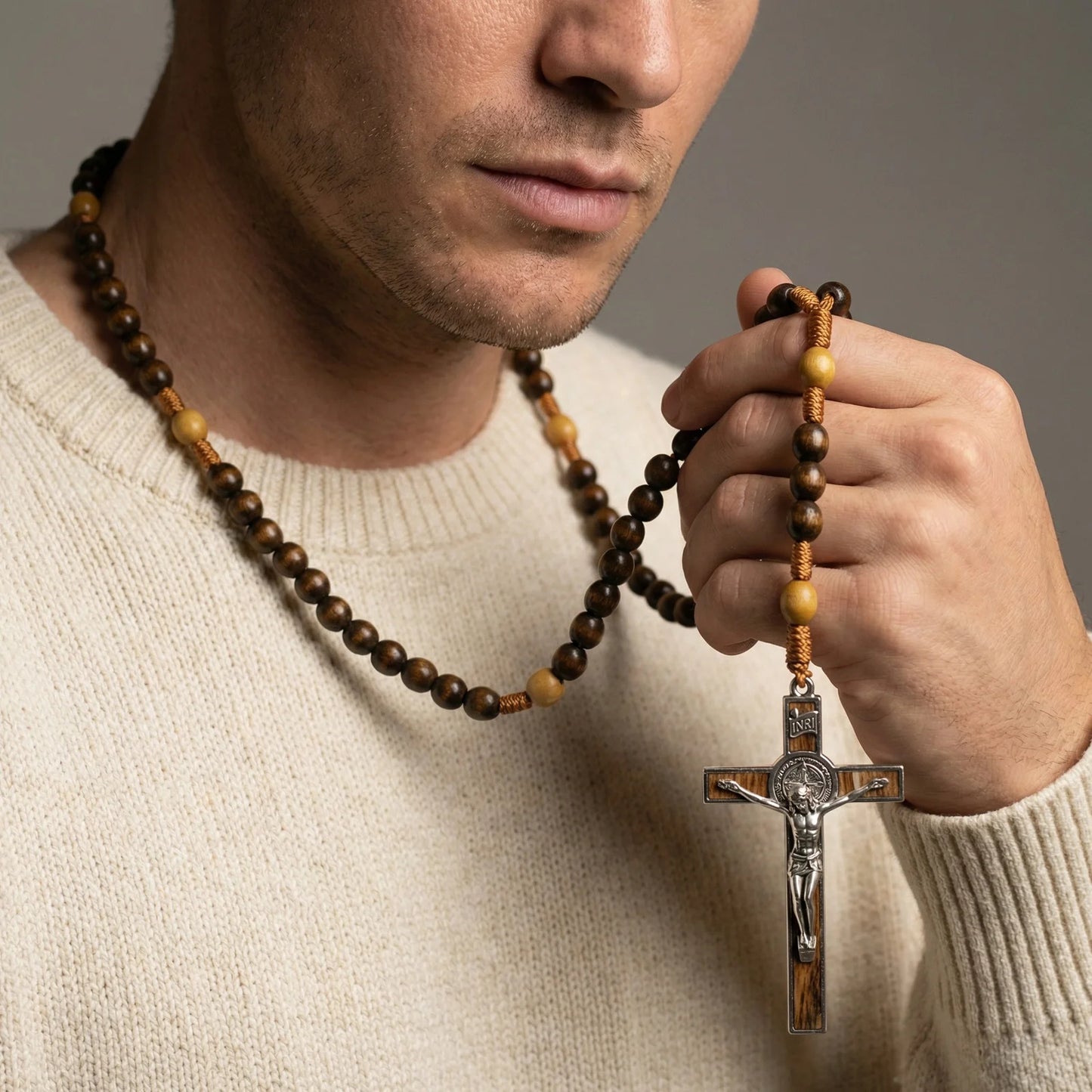 【Deal Today】Woven Cord Wooden Rosary with St. Benedict Medal Cross - Sacred Blessing | Amen Artisan