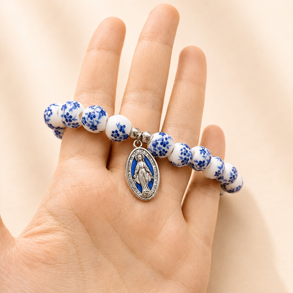 【Deal Today】Blue Floral Ceramic Bead Miraculous Medal Stretch Bracelet | Amen Artisan