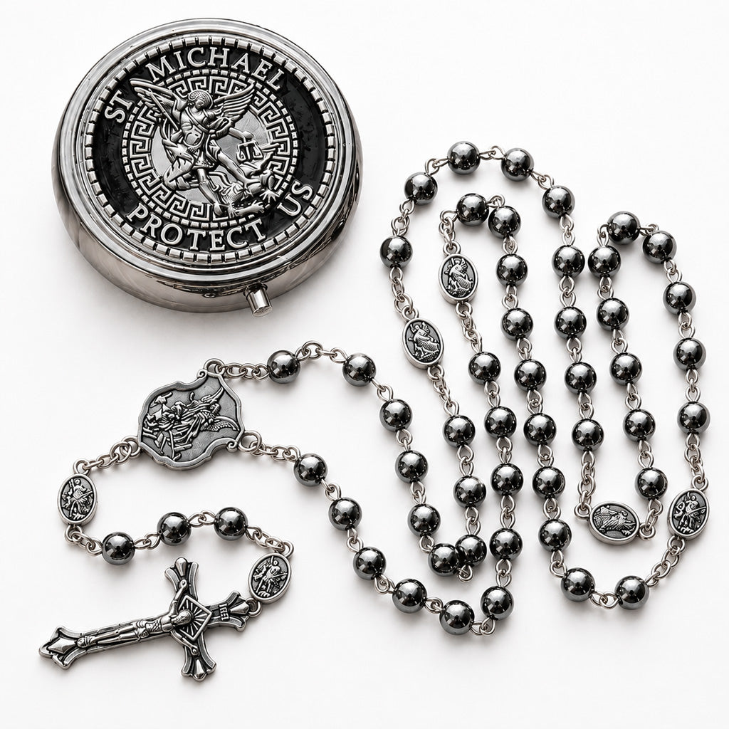 【Deal Today】St. Michael Rosary with Blue Enamel Storage Box - Faith & Strength | Amen Artisan