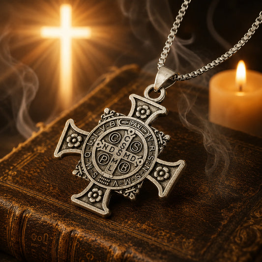 【Deal Today】Vintage Saint Benedict Cross Medal Pendant Necklace | Amen Artisan