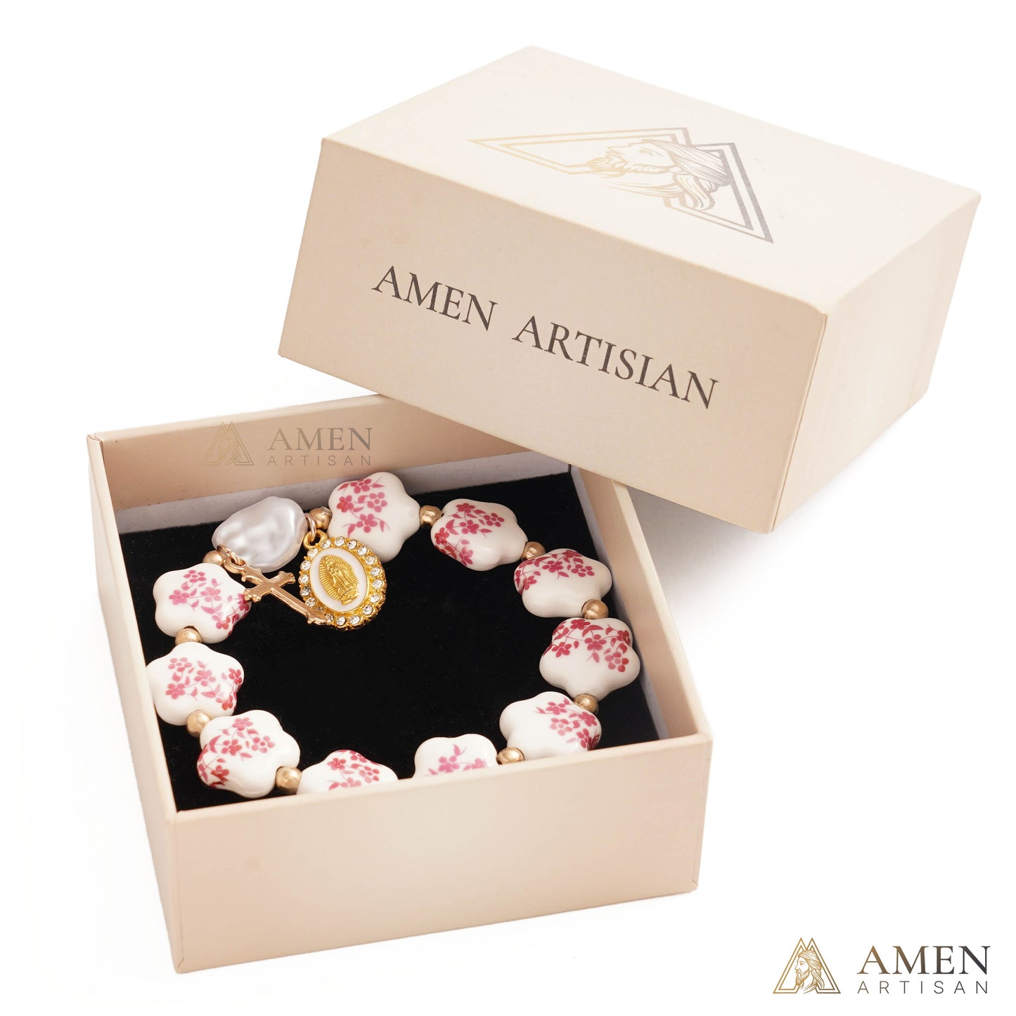 【Deal Today】Blue Floral Ceramic Flower Bracelet with Virgin Mary Pendant - Faith & Peace | Amen Artisan