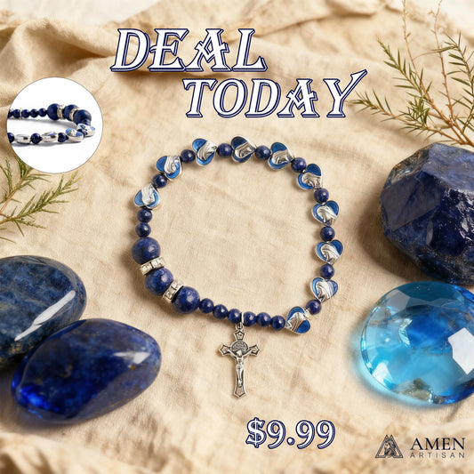 Lapis Lazuli Zircon Enamel Divine Mary of the Heart Blue Beads Crucifix Stretch Bracelet