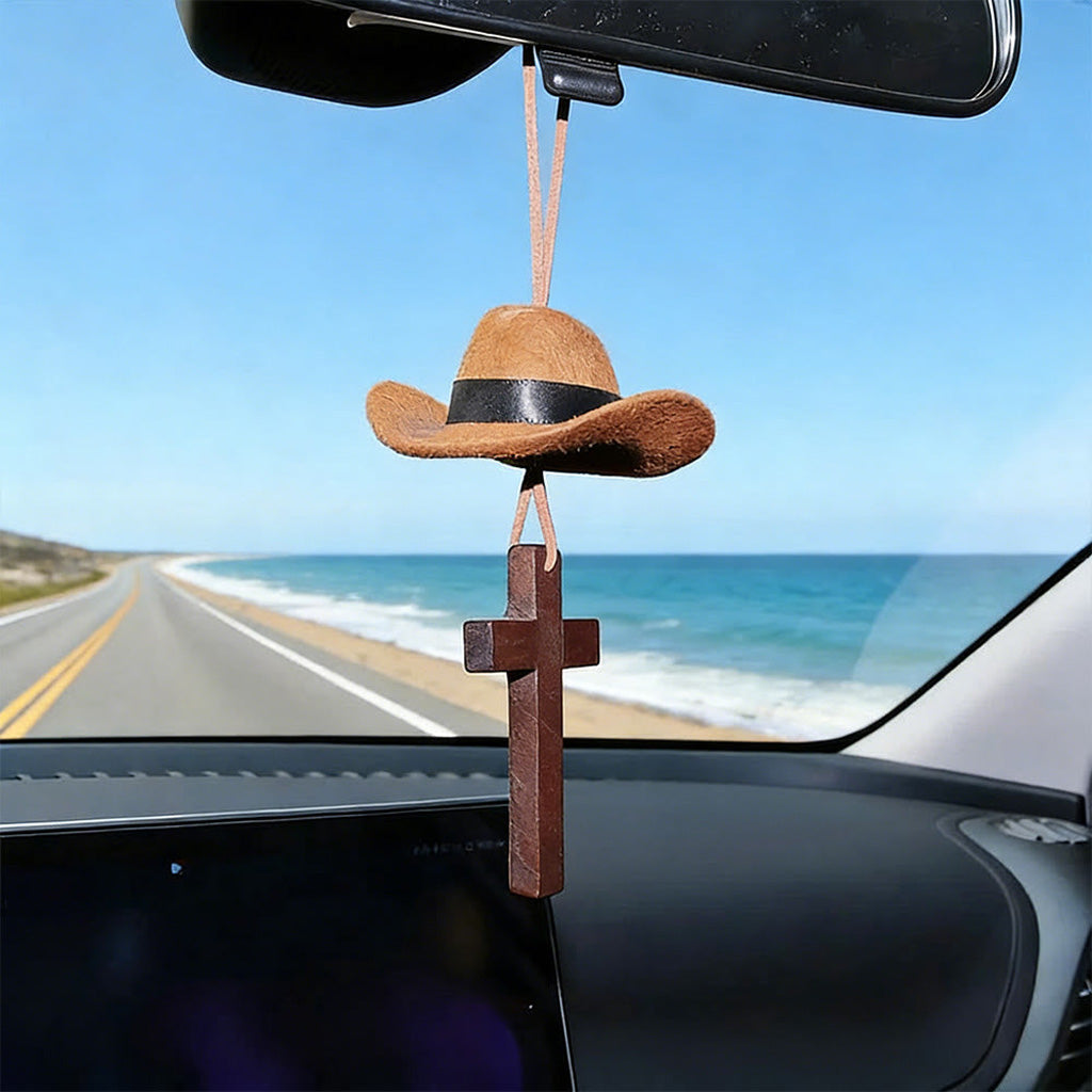 【Deal Today】Western Rearview Mirror Ornament with Cowboy Hat and Cross — Faith | Amen Artisan