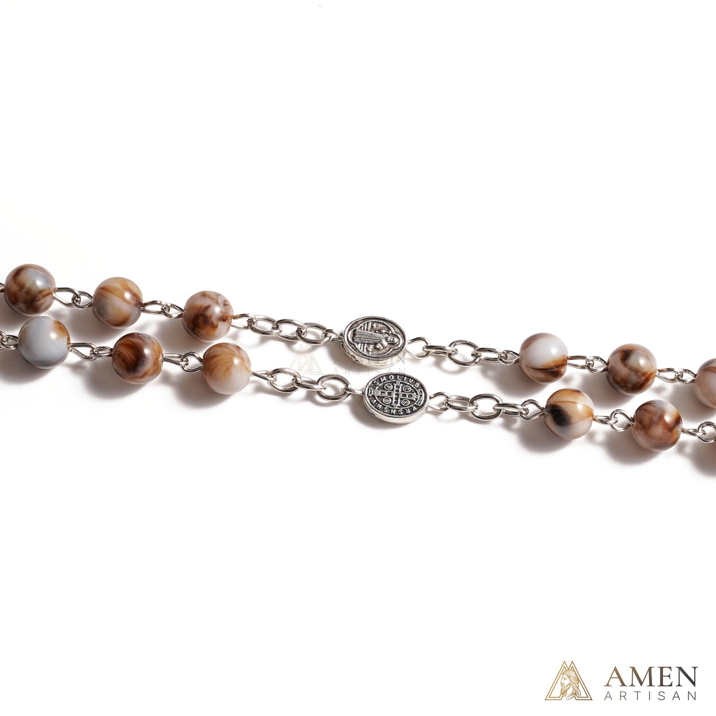【Deal Today】Vintage Earth Tone Marble Catholic Rosary – Prayer Beads with Crucifix & Marian Medal