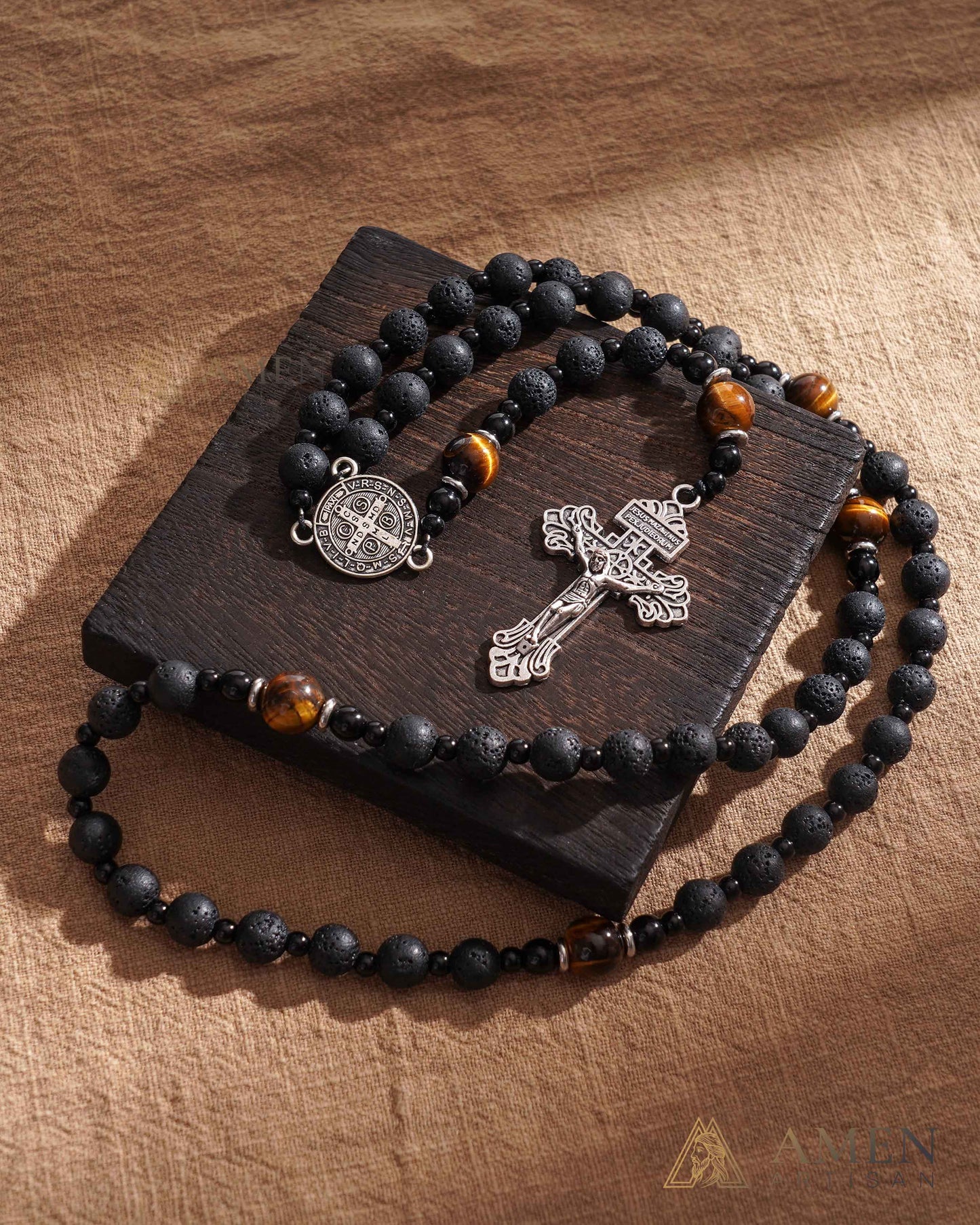 【Deal Today】Natural Lava Stone & Tiger’s Eye Prayer Beads with Vintage-Style Crucifix |  Amen Artisan