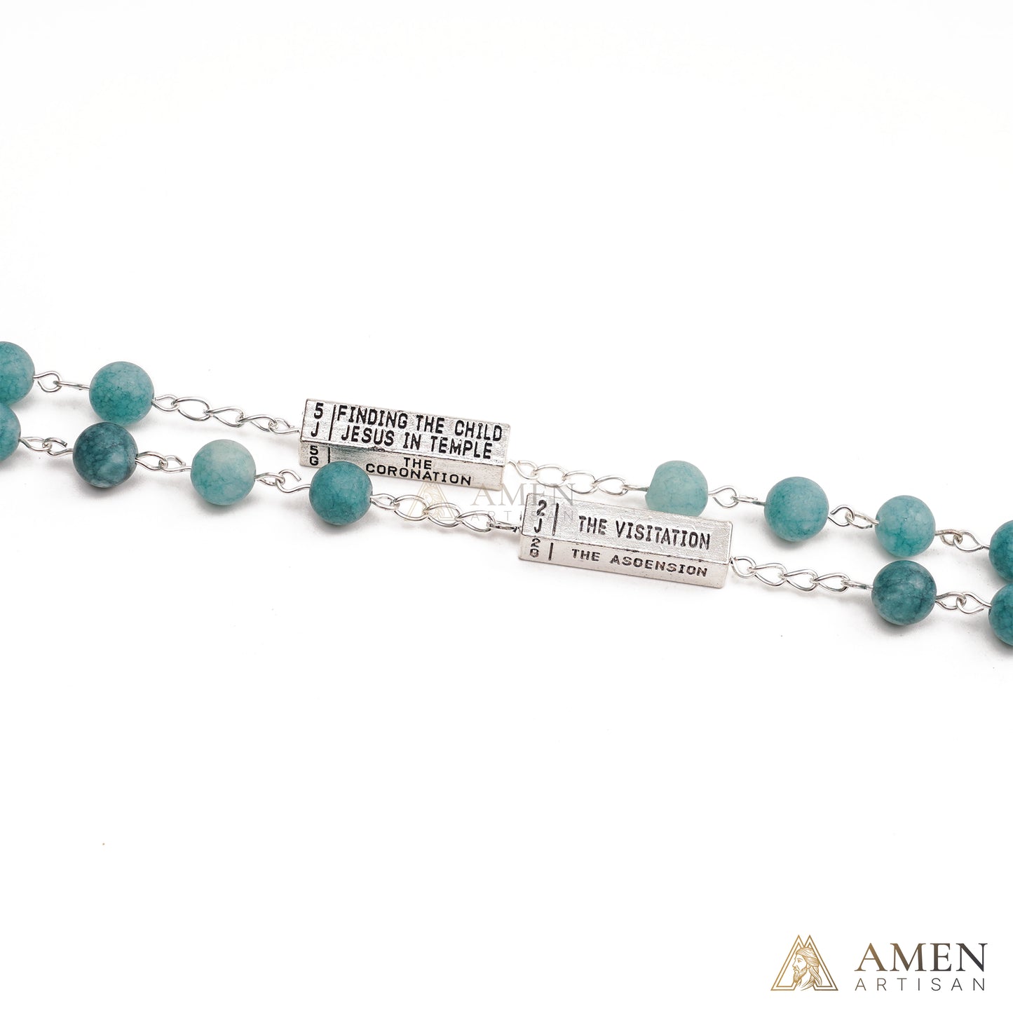 Matte Blue Chalcedony Bead Rosary with 5 Mysteries Amen Artisan