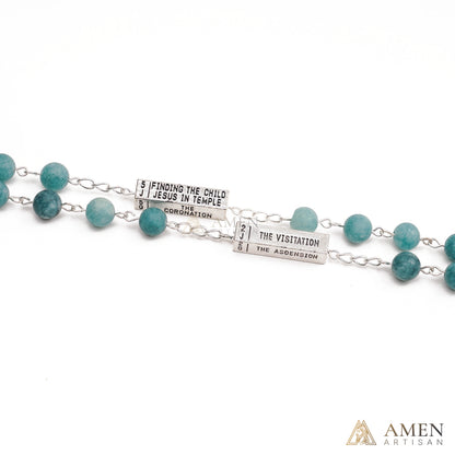 Matte Blue Chalcedony Bead Rosary with 5 Mysteries Amen Artisan