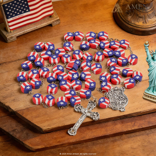 Flag Rosary with Saint Michael Medal Amen Artisan